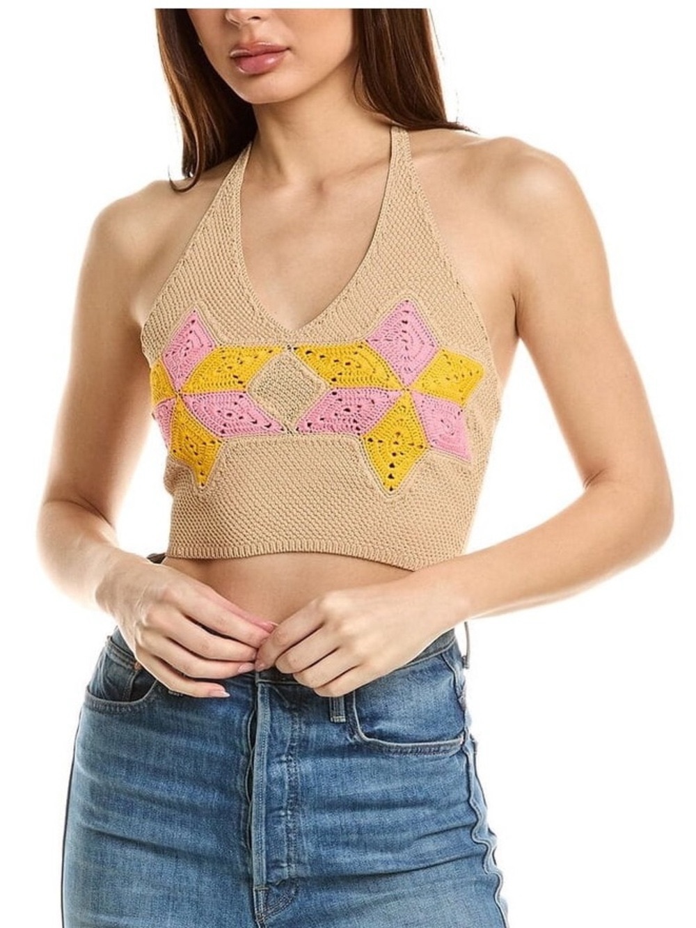 Sandro Beige Crochet Halter Crop Top with Pink & Yellow Diamond Motif